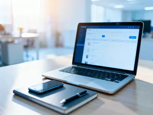 Laptop z wykresami finansowymi, faktury i kalkulator na biurku, symbolizujące profesjonalne rozliczanie dropshippingu.