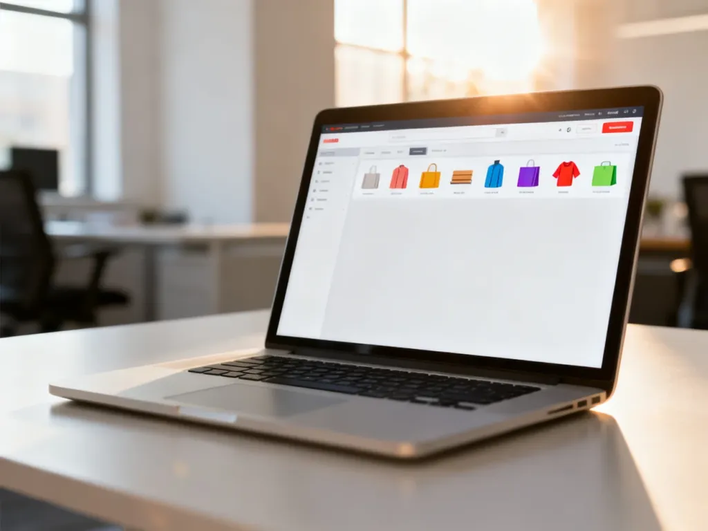 Nowoczesne stanowisko pracy z laptopem wyświetlającym panel zarządzania sklepem internetowym w dropshippingu.