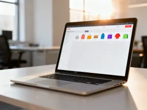 Nowoczesny laptop z panelem reklamowym Facebooka i wykresami efektywności na drewnianym biurku w słonecznym biurze.