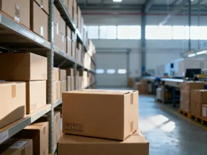 Nowoczesne biurko z laptopem wyświetlającym panel sklepu internetowego oraz paczką, symbolizujące start w dropshippingu.