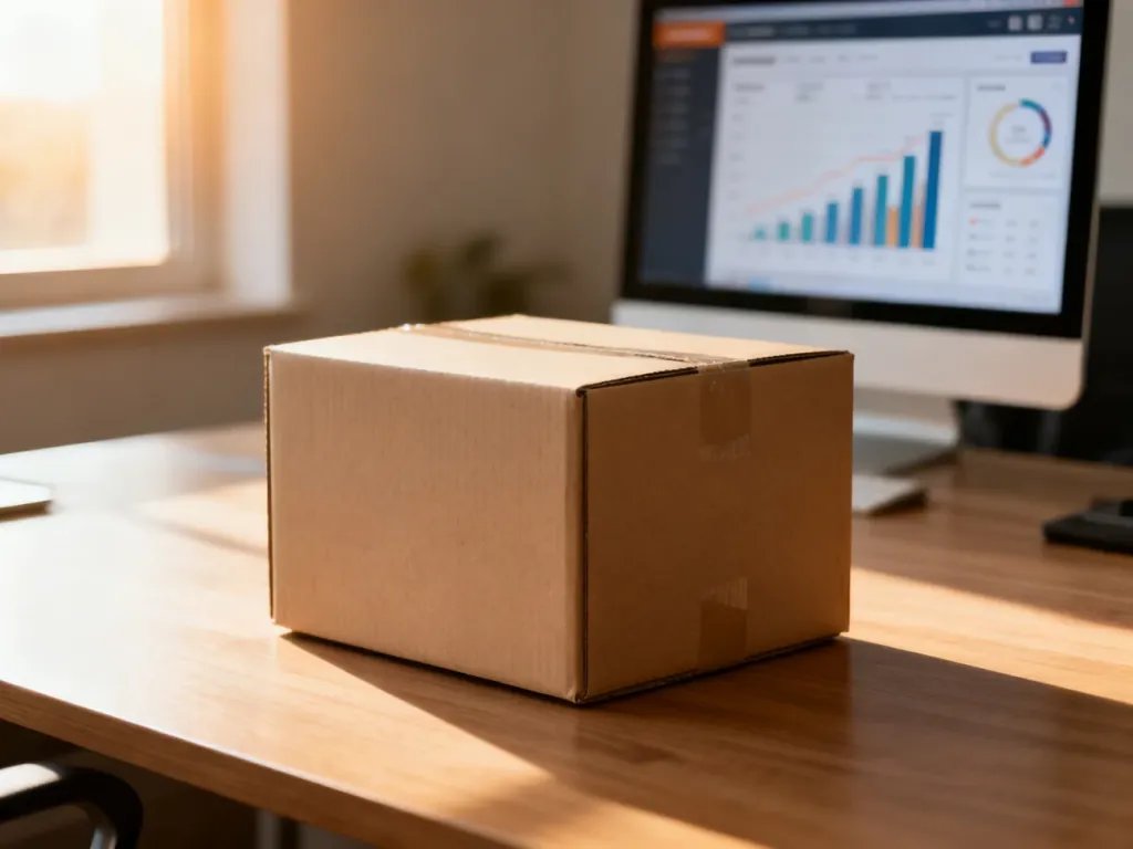 Kartonowe pudełko na biurku z widocznym w tle panelem e-commerce, symbolizujące proces wysyłki w dropshippingu.