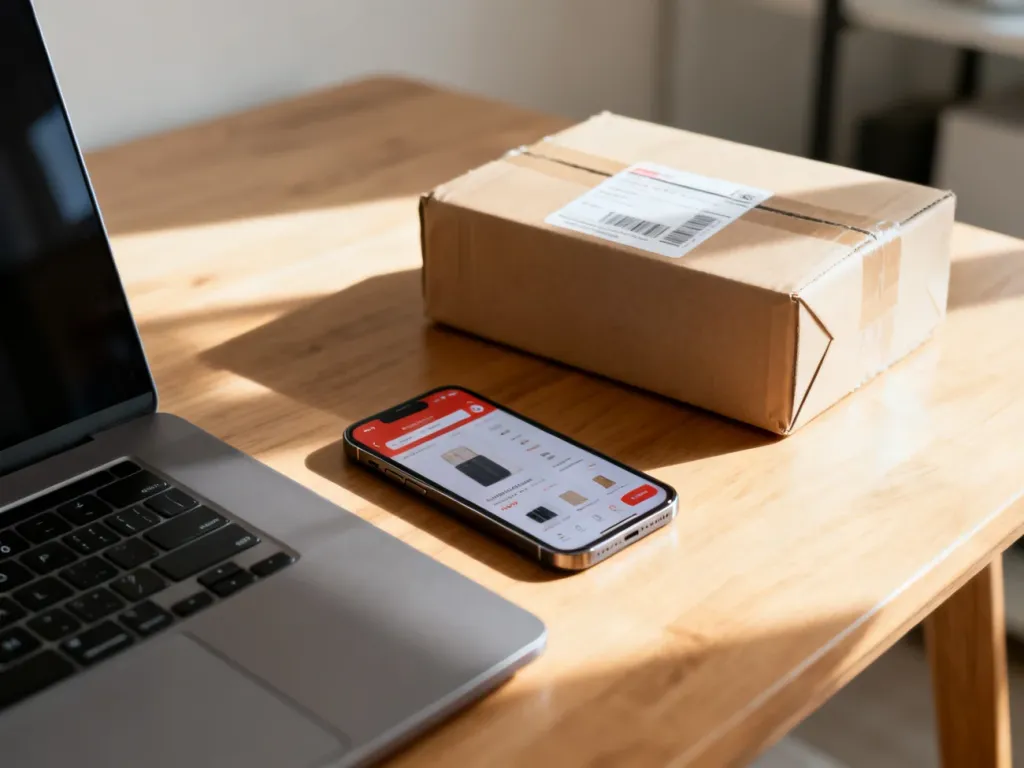 Nowoczesne biurko z laptopem, smartfonem i paczką, ilustrujące proces obsługi zamówień w dropshippingu.