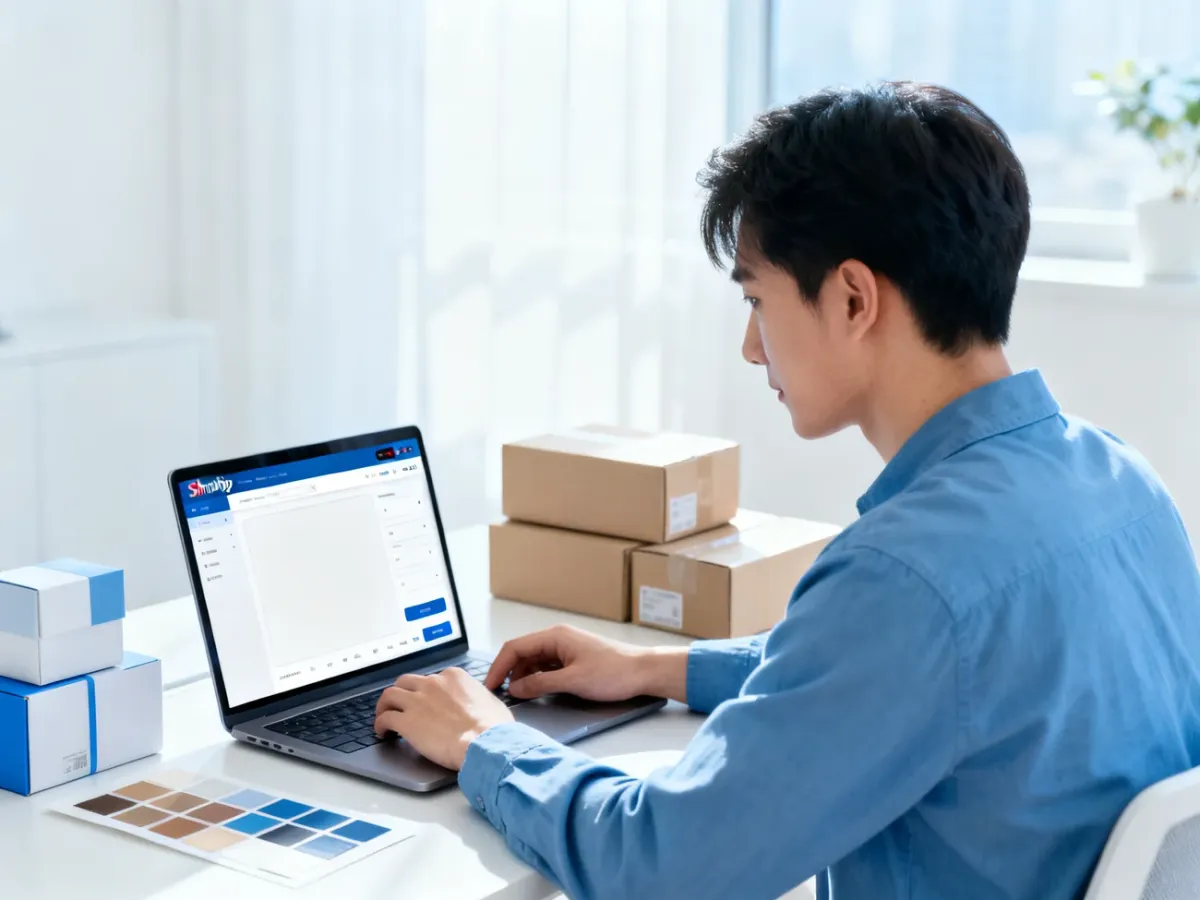 Przedsiębiorca konfigurujący sklep dropshippingowy przy laptopie