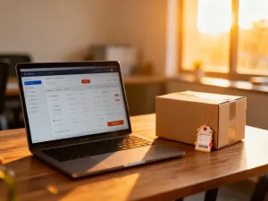 Tablet z wykresami sprzedaży, lupą i kartonowym pudełkiem na biurku, symbolizujący analizę potencjału produktu w dropshippingu.