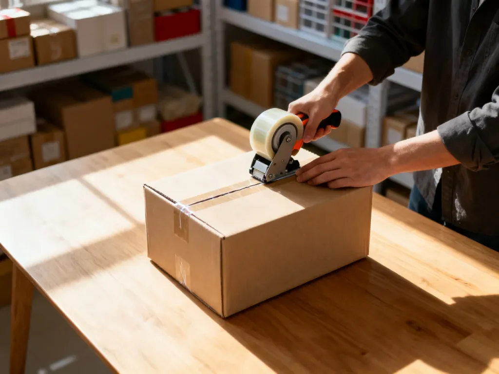Kartonowe pudełko zaklejane taśmą na biurku, gotowe do wysyłki w modelu dropshippingu.