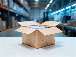 Kartonowe pudełko na taśmie produkcyjnej w nowoczesnym centrum logistycznym, symbolizujące szybką realizację zamówień.