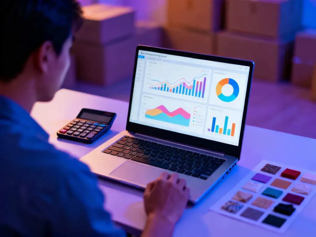 An advertiser analyzing dropshipping campaign performance on a laptop