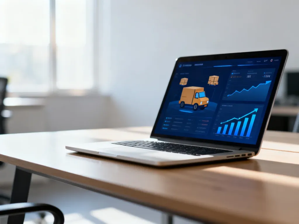 Nowoczesny laptop z panelem analitycznym e-commerce na drewnianym biurku, symbolizujący rozwój sprzedaży w dropshippingu.