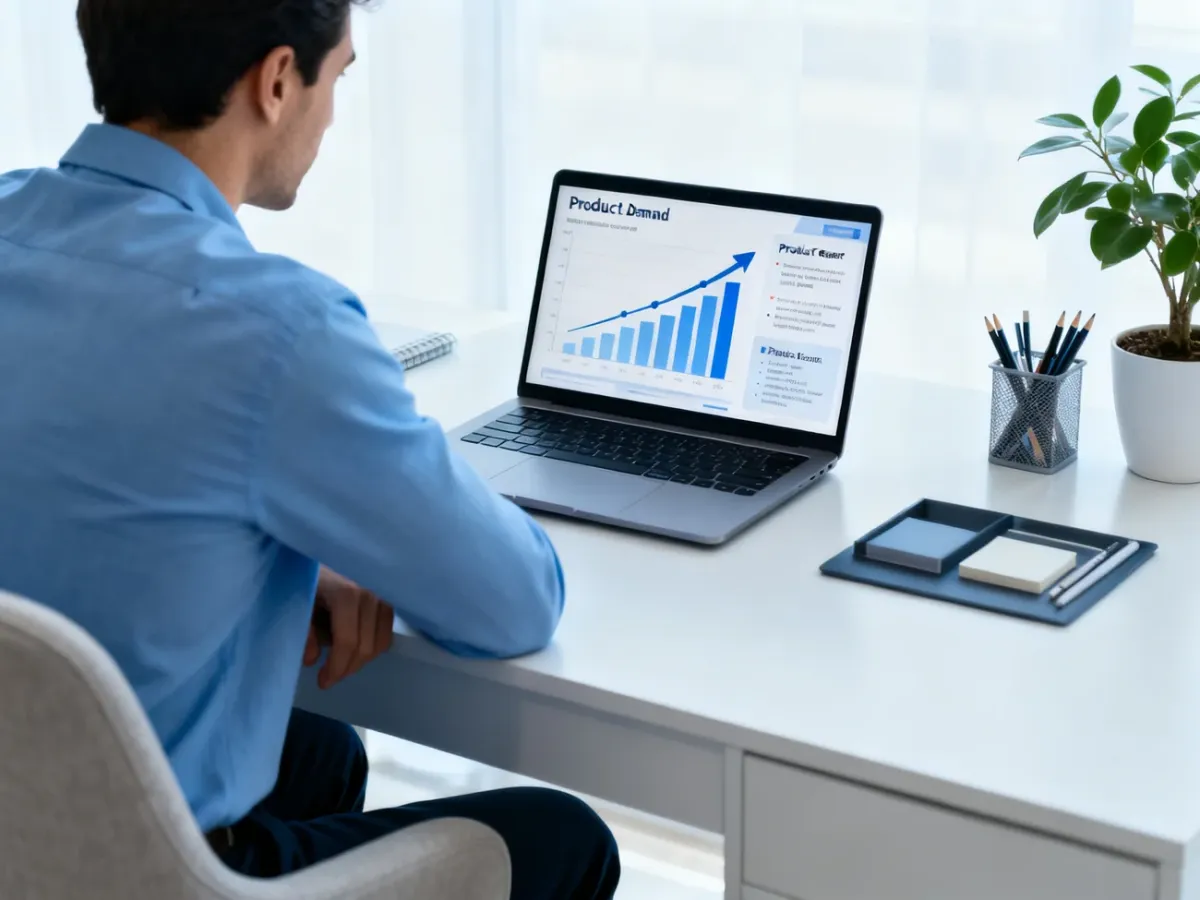 Przedsiębiorca analizujący trendy produktowe na laptopie