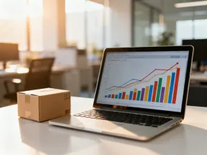Nowoczesne stanowisko pracy z laptopem wyświetlającym panel e-commerce oraz pudełkiem wysyłkowym na biurku.