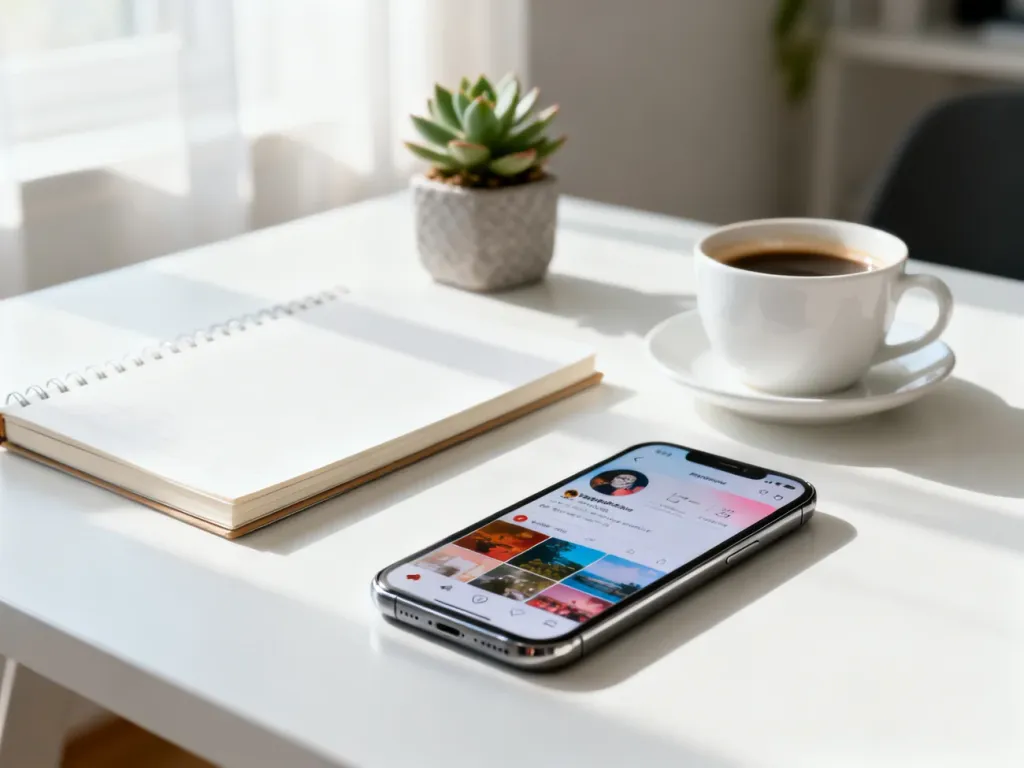 Minimalistyczne biurko ze smartfonem wyświetlającym media społecznościowe, idealne do planowania treści na Instagramie.