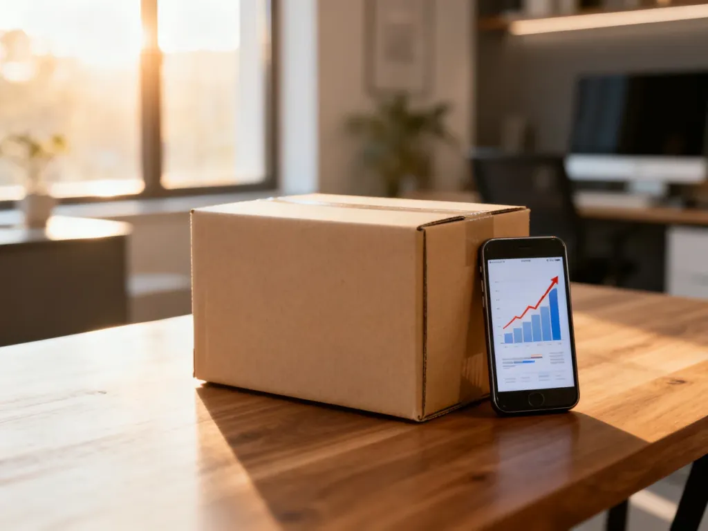 Kartonowe pudełko wysyłkowe i smartfon z wykresem wzrostu na biurku, symbolizujące sukces w dropshippingu na Amazon.