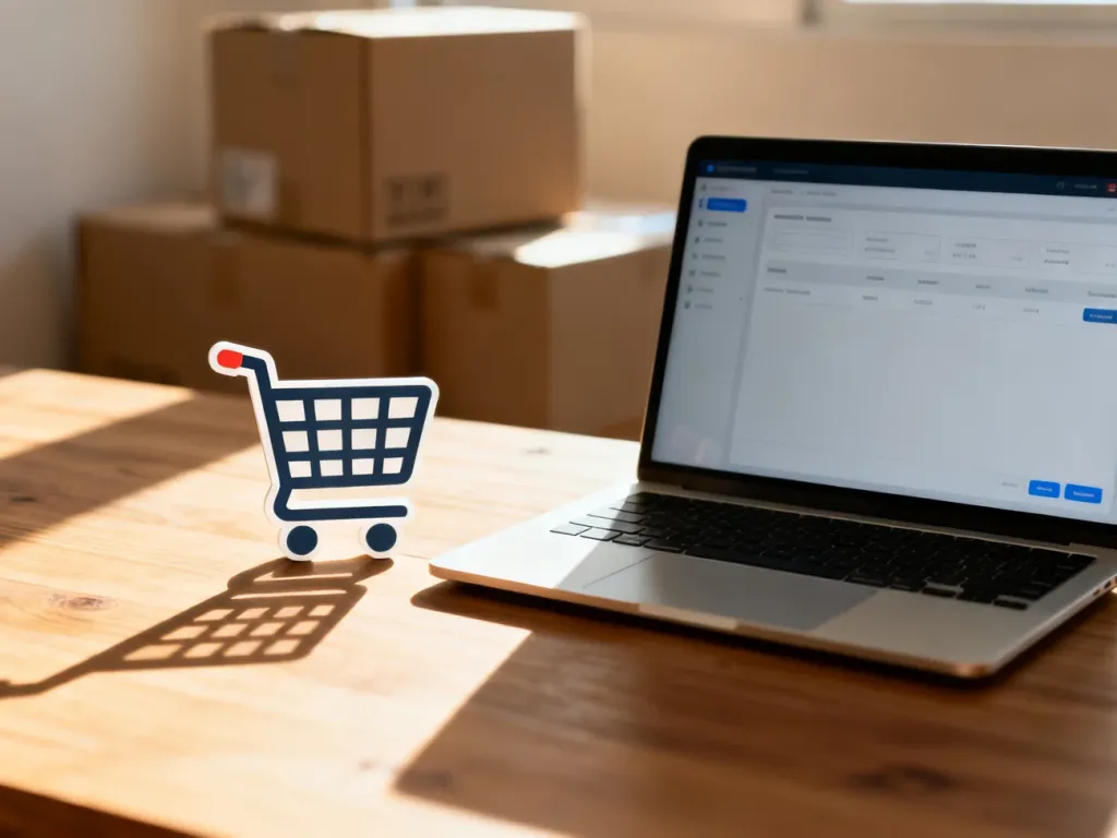 Laptop z panelem sklepu internetowego i ikoną koszyka na drewnianym biurku, symbolizujący zarządzanie sprzedażą w dropshippingu.
