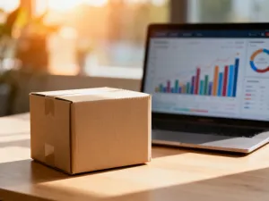 Nowoczesne stanowisko pracy z laptopem wyświetlającym panel sklepu internetowego i wykresy sprzedaży dropshippingowej.