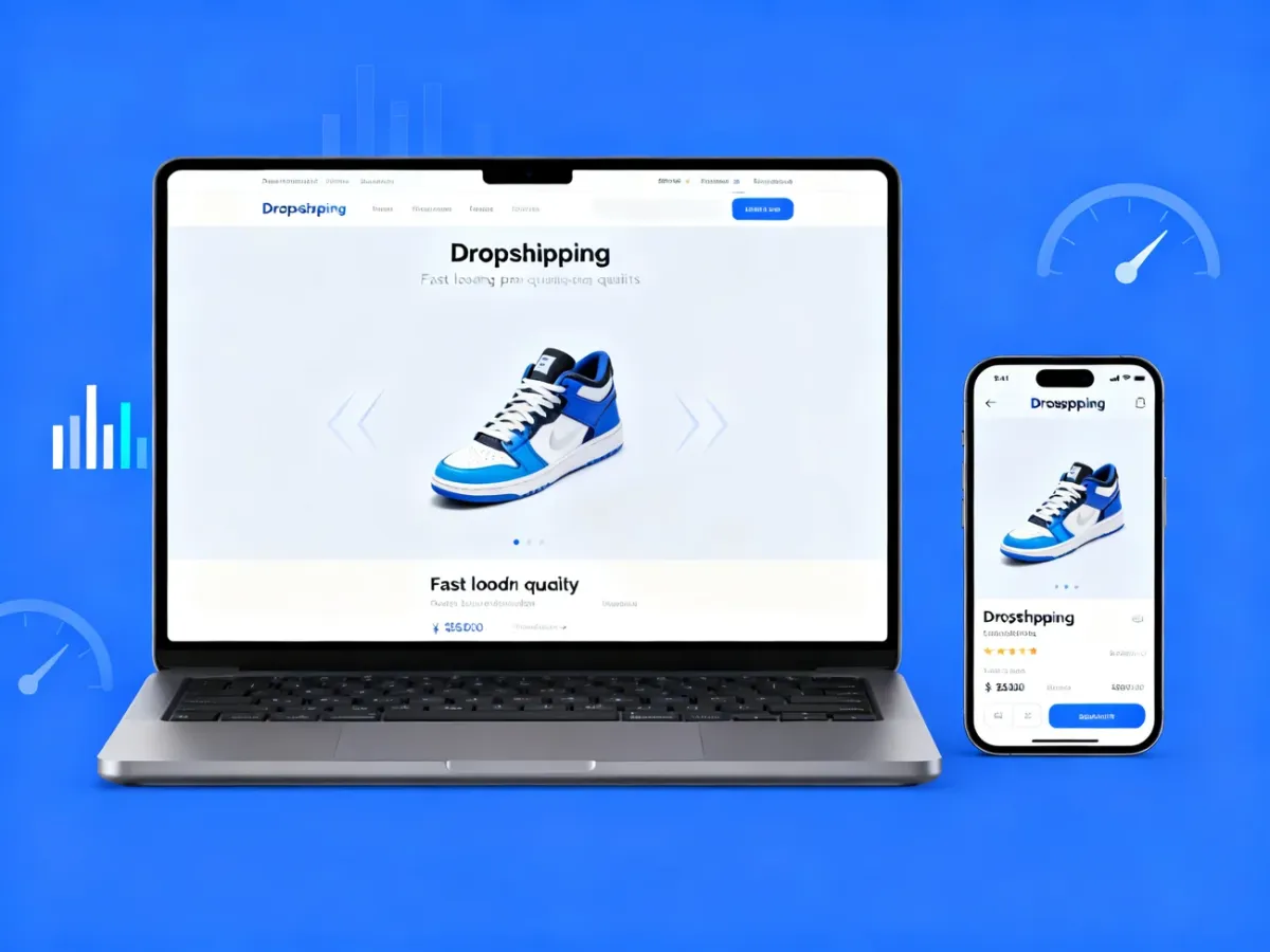 Sklep dropshippingowy wyświetlany na laptopie i smartfonie podczas analizy wydajności strony