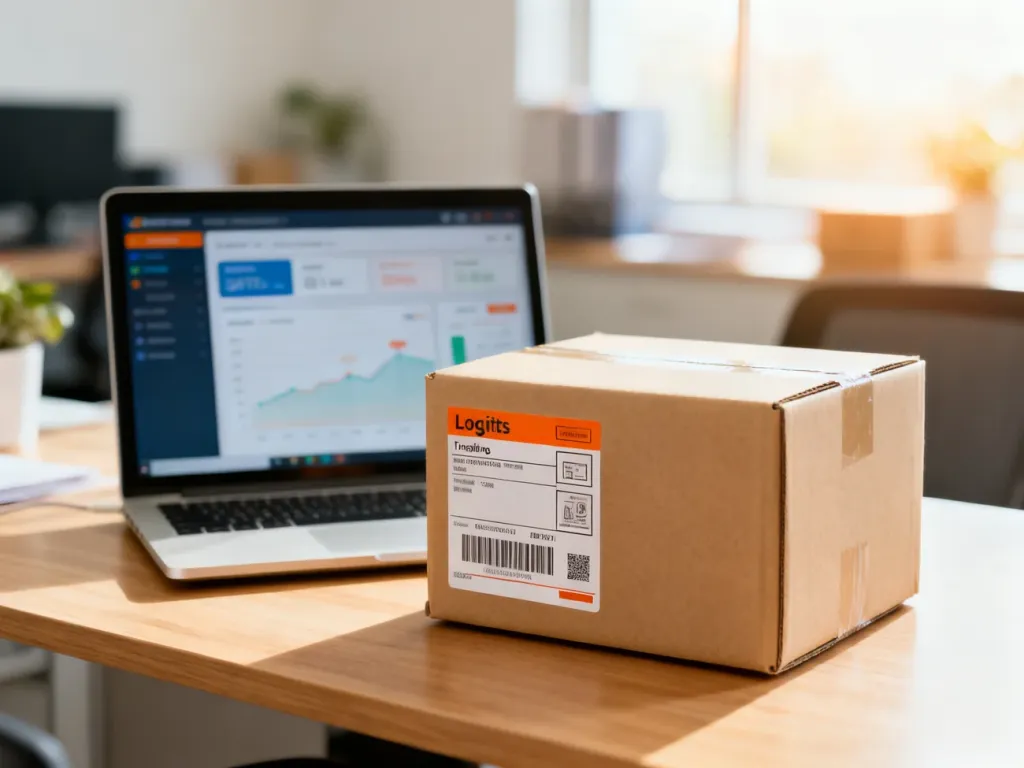 Nowoczesne stanowisko pracy z paczką i laptopem z panelem logistycznym, symbolizujące proces obsługi zamówień w e-commerce.