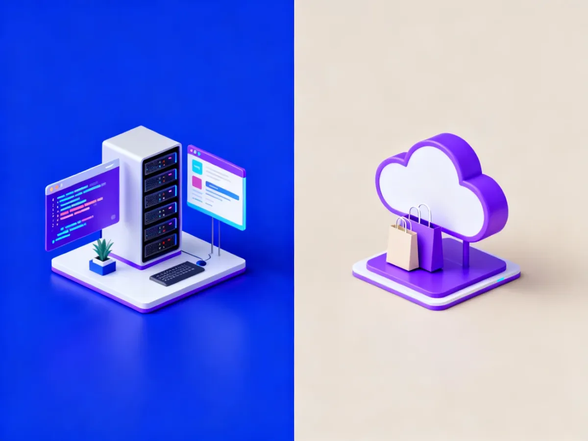Visual comparison of a self-hosted e-commerce system and a cloud SaaS platform