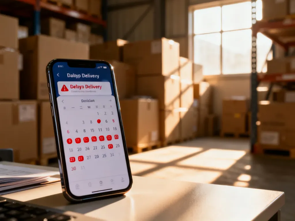 Smartfon z powiadomieniem o opóźnionej dostawie na tle magazynu, ilustrujący problemy logistyczne w dropshippingu.