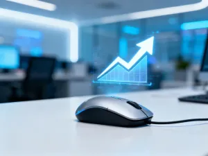 Nowoczesne biurko z laptopem i paczką, symbolizujące proces sprzedaży w modelu dropshipping na Allegro.