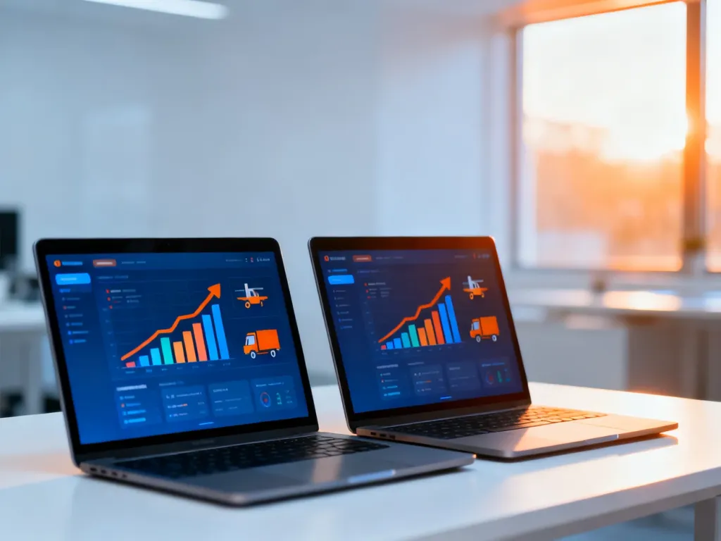 Dwa laptopy z wykresami e-commerce na biurku, symbolizujące porównanie platform Shoper i Shopify dla dropshippingu.