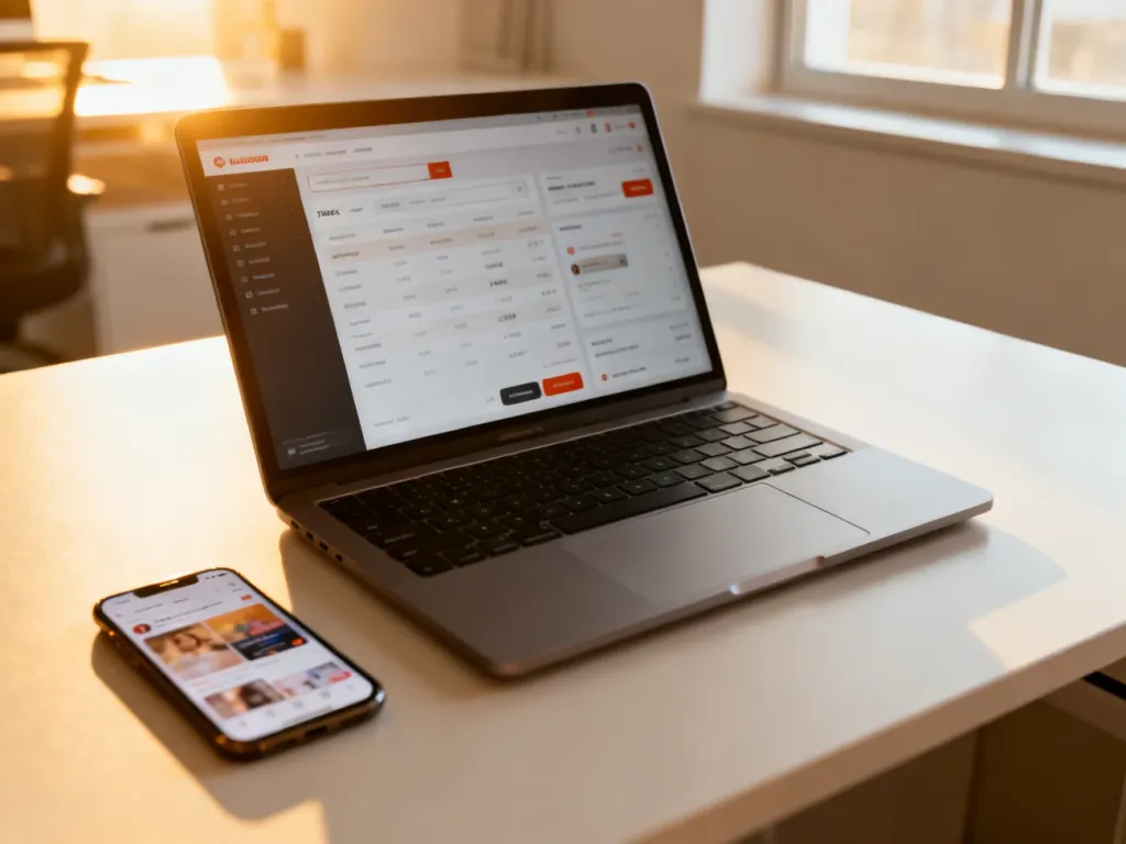 Nowoczesne biuro z laptopem i smartfonem, obrazujące zarządzanie sprzedażą w dropshippingu na Facebook Marketplace.