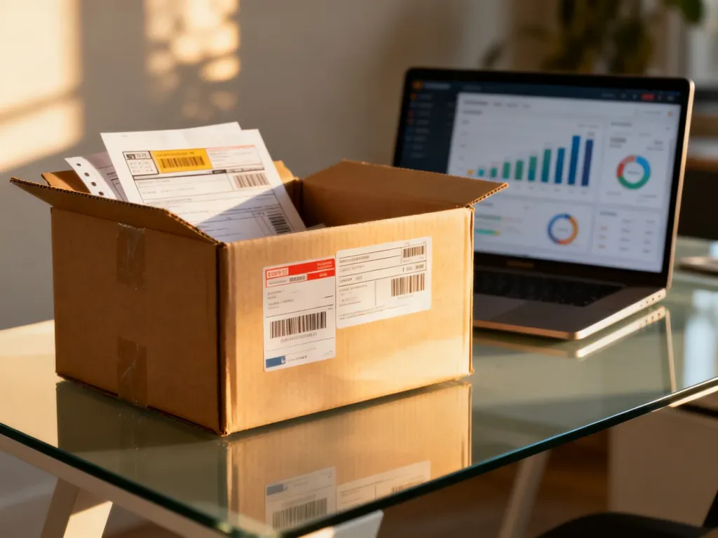 Kartonowe pudełko z etykietami wysyłkowymi na biurku obok laptopa z panelem e-commerce, symbolizujące proces dropshippingu.