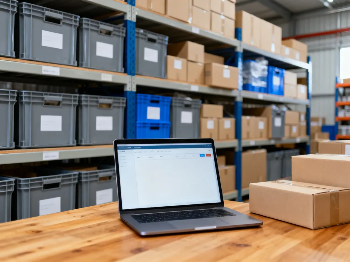 Organized warehouse inventory with a laptop for stock management