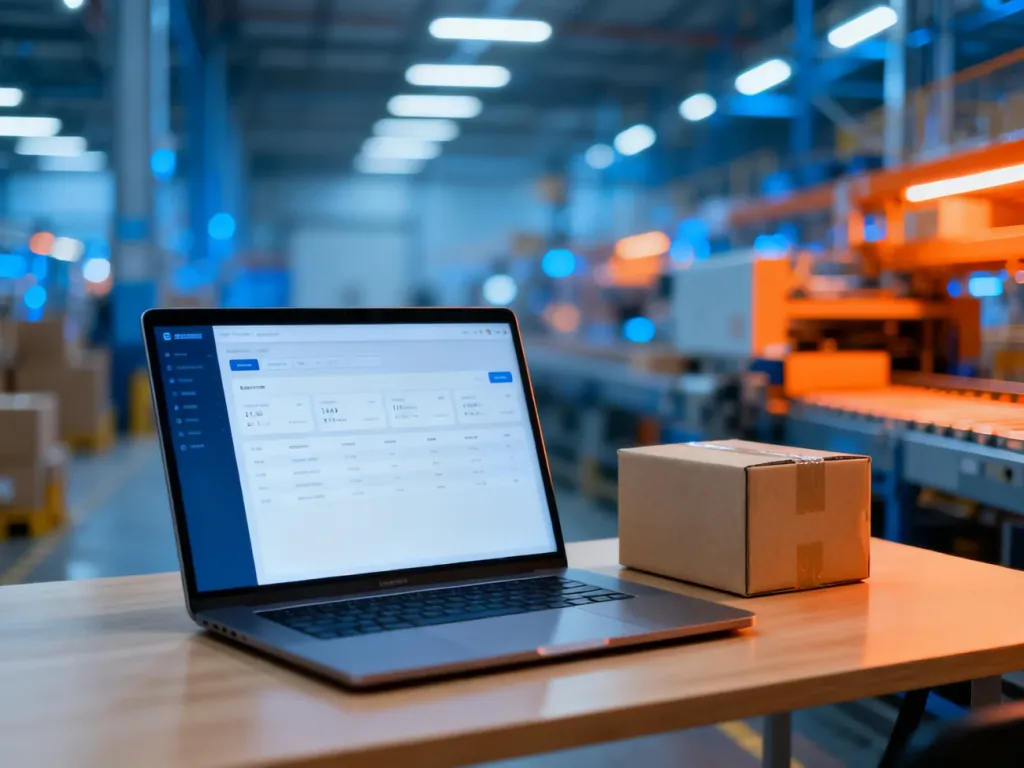 Nowoczesny laptop z panelem sklepu e-commerce na biurku obok paczki, w tle rozmyty magazyn logistyczny.