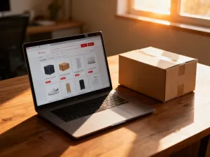 Paczka na palecie w magazynie, symbolizująca logistykę i wysyłkę towarów w e-commerce.