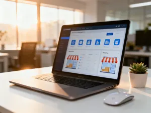 Dwa kartony wysyłkowe na biurku, symbolizujące wybór między sklepem e-commerce a platformą społecznościową.