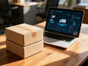 Waga z megafonem i lupą symbolizuje wybór między reklamą a organicznym zasięgiem w strategii e-commerce na tle wykresów wzrostu.