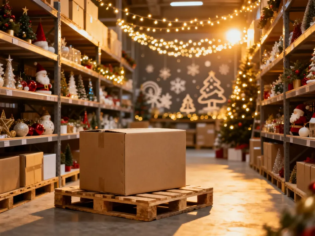 Nowoczesny magazyn z zapasami produktów sezonowych i paczką gotową do wysyłki, symbolizujący logistykę w dropshippingu.