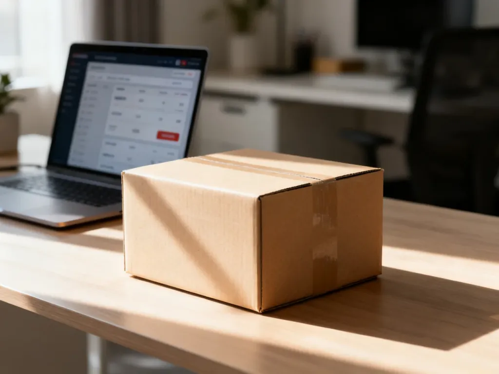 Kartonowe pudełko na biurku z laptopem w tle, symbolizujące proces obsługi zamówień w dropshippingu na Amazonie.