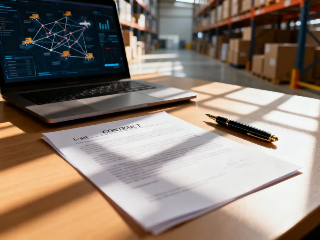 Dokument prawny i laptop z mapą logistyczną na biurku, symbolizujące formalne przygotowania do współpracy dropshippingowej.