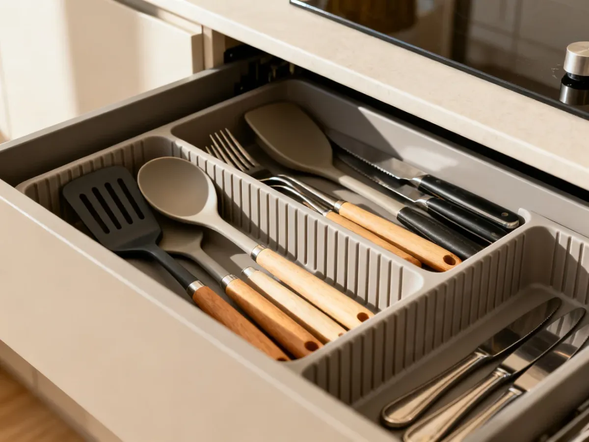 Kitchen drawer organizer shown in a realistic product-use setting