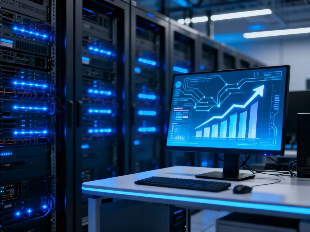 Nowoczesna serwerownia z monitorami wyświetlającymi dane e-commerce, symbolizująca stabilny hosting dla sklepu internetowego.