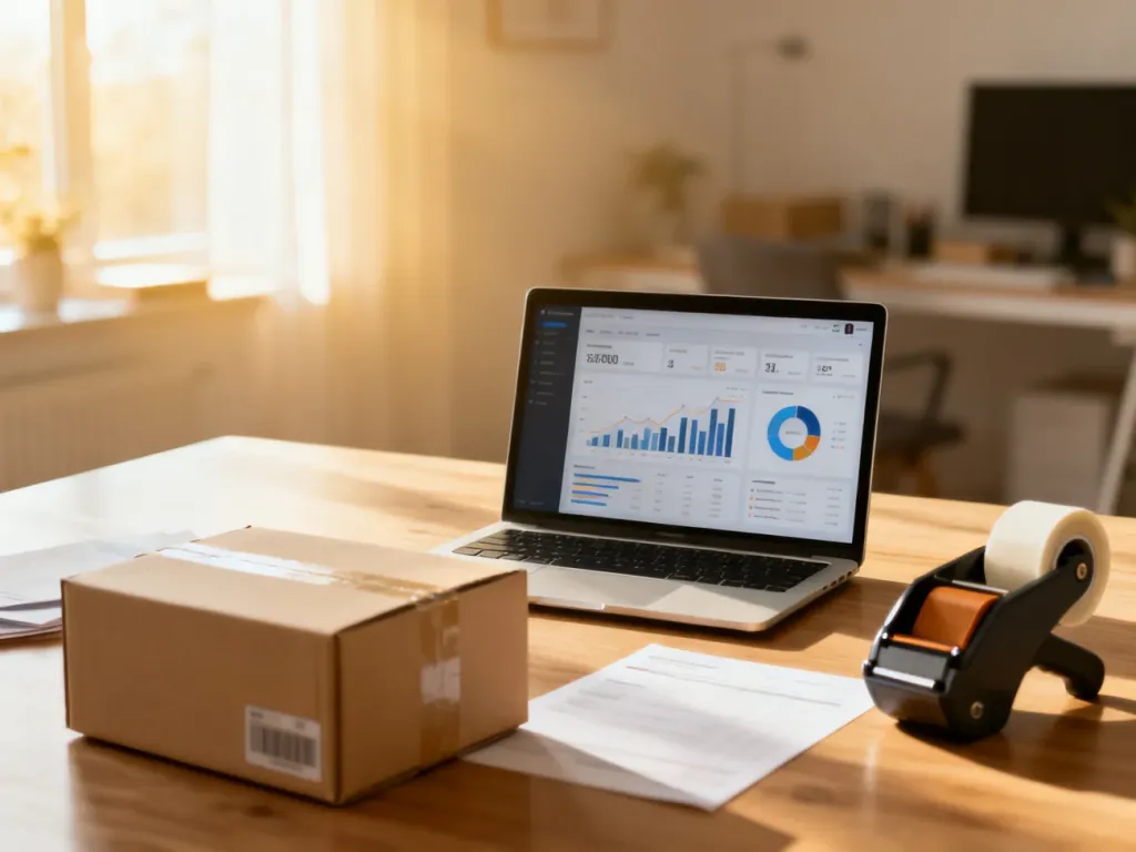 Nowoczesne biurko z laptopem pokazującym wykresy finansowe oraz paczką, symbolizujące logistykę w dropshippingu na eBay.