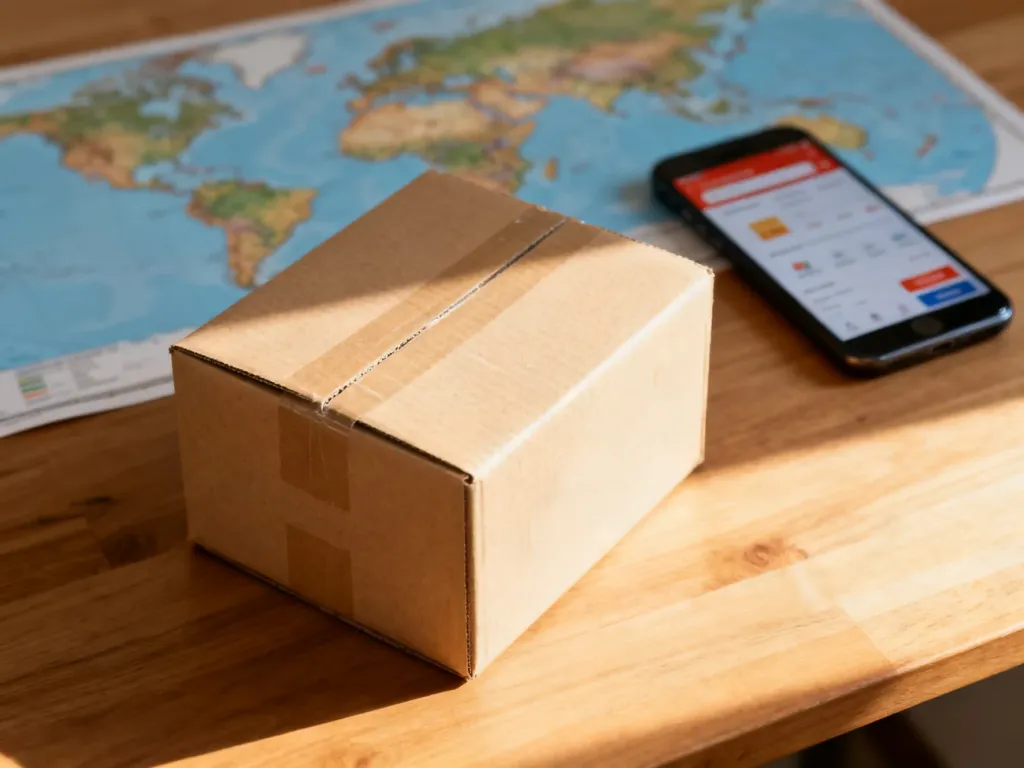 Kartonowe pudełko na biurku z mapą świata w tle, symbolizujące międzynarodowy handel i logistykę w dropshippingu.