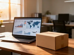 Nowoczesne stanowisko pracy z laptopem wyświetlającym panel sprzedaży e-commerce oraz paczką gotową do wysyłki.