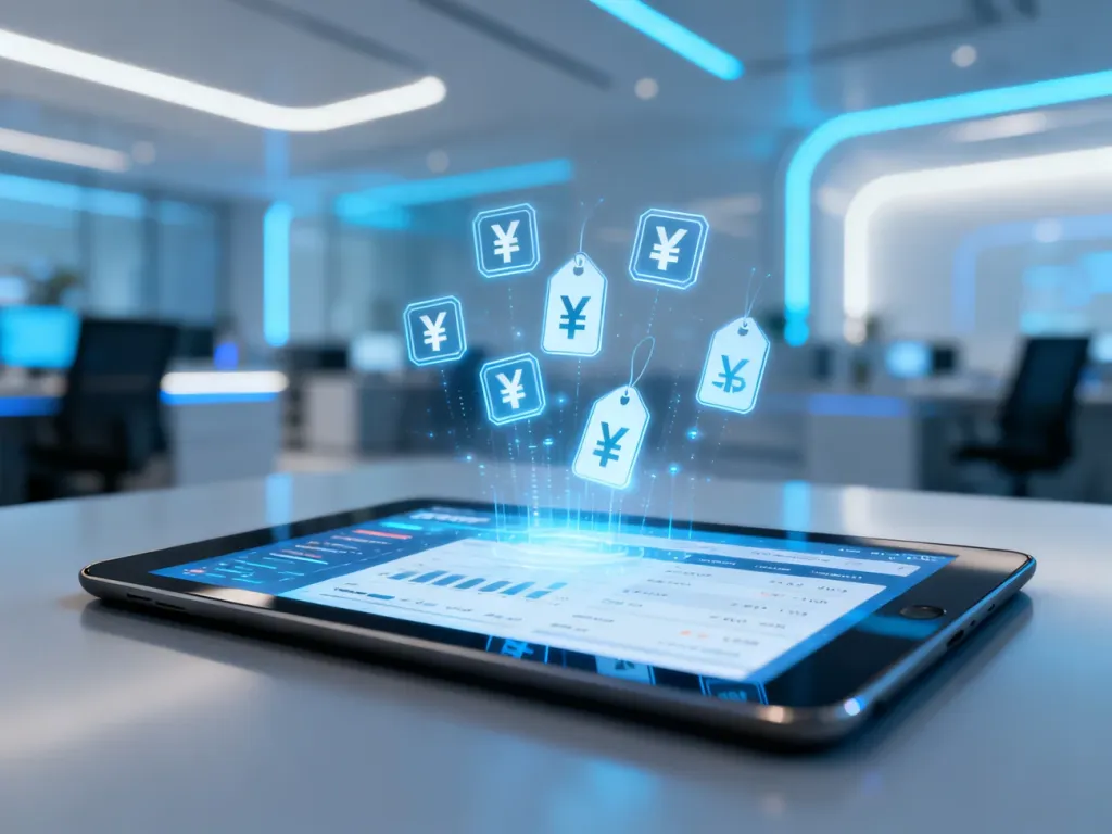 Tablet z futurystycznym panelem zarządzania cenami i unoszącymi się hologramami walut w nowoczesnym biurze.