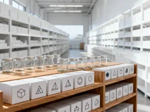 Nowoczesne stanowisko pracy z laptopem wyświetlającym wykresy wzrostu sprzedaży oraz paczką symbolizującą e-commerce.