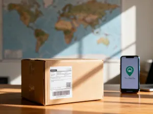 Nowoczesne stanowisko pracy z laptopem wyświetlającym wykresy sprzedaży oraz paczką gotową do wysyłki w dropshippingu.