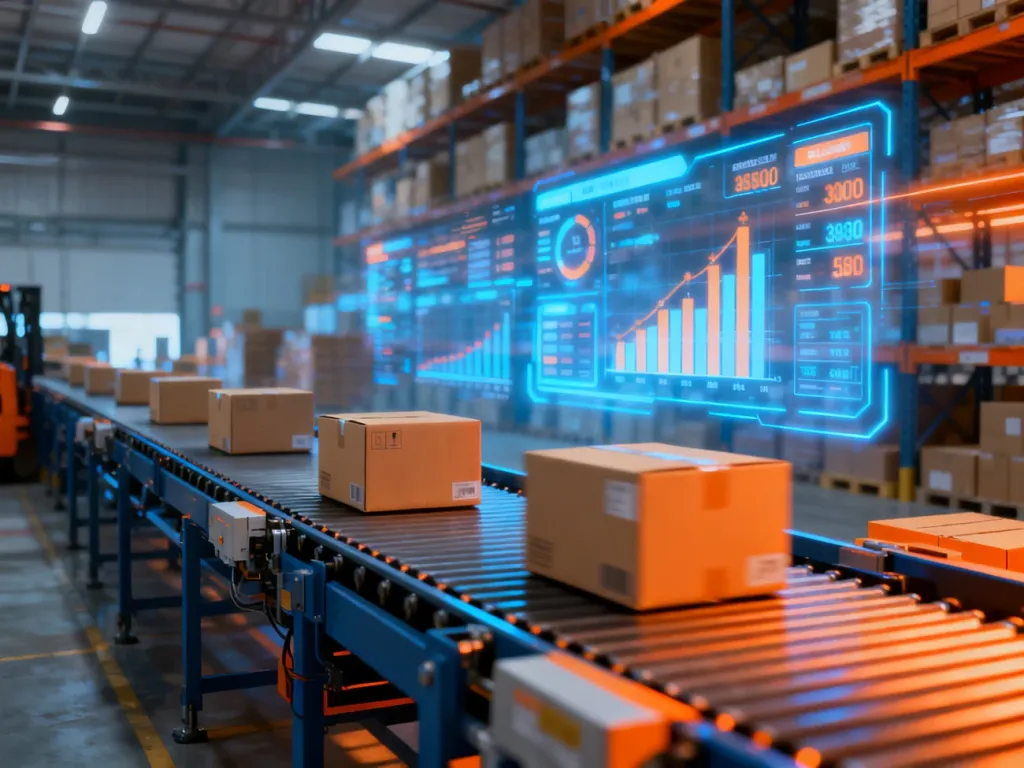 Zautomatyzowany system taśmociągów w nowoczesnym centrum logistycznym z cyfrowym panelem zarządzania sprzedażą.