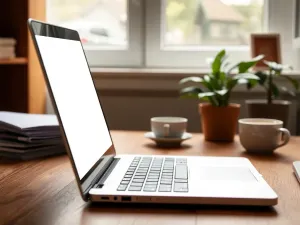 Kobieta pracująca przy laptopie w jasnym biurze domowym, korzystająca z platformy edukacyjnej.