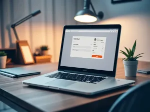 Nowoczesne stanowisko pracy z monitorem wyświetlającym analitykę e-commerce, symbolizujące profesjonalne tworzenie opisów SEO.