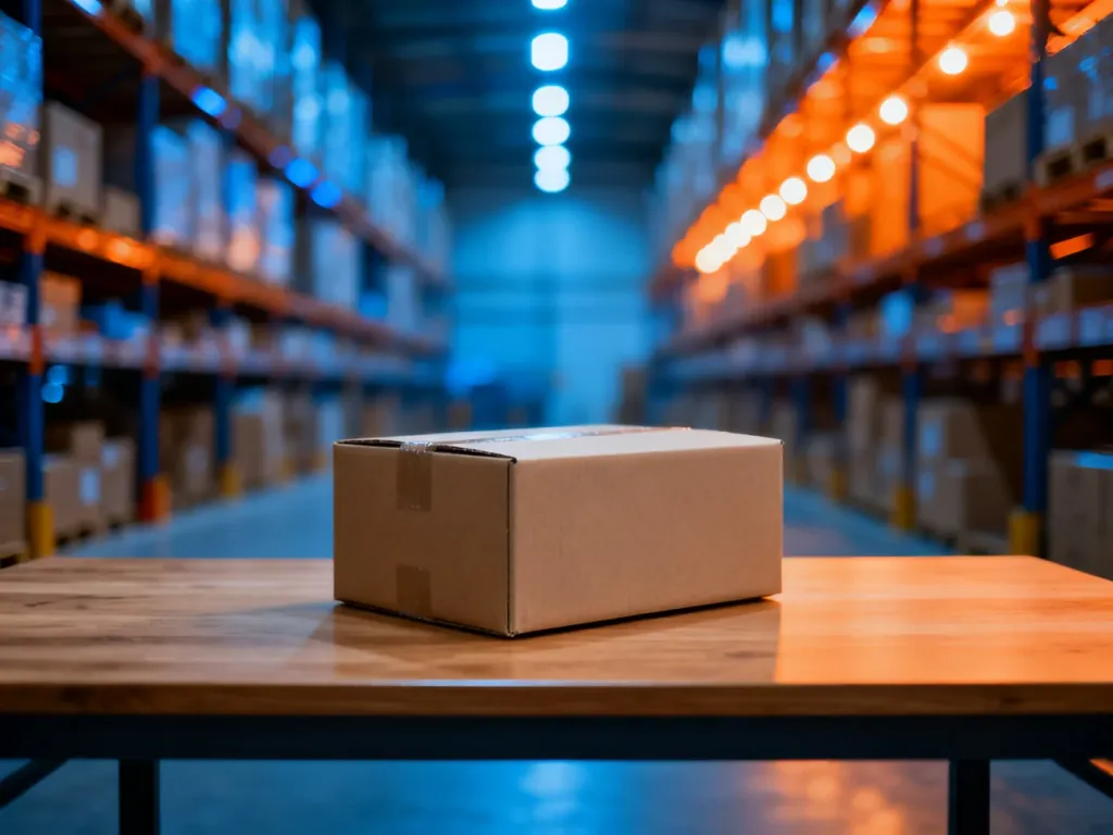 Pudełko wysyłkowe na stole w nowoczesnym magazynie, symbolizujące logistykę w dropshippingu.