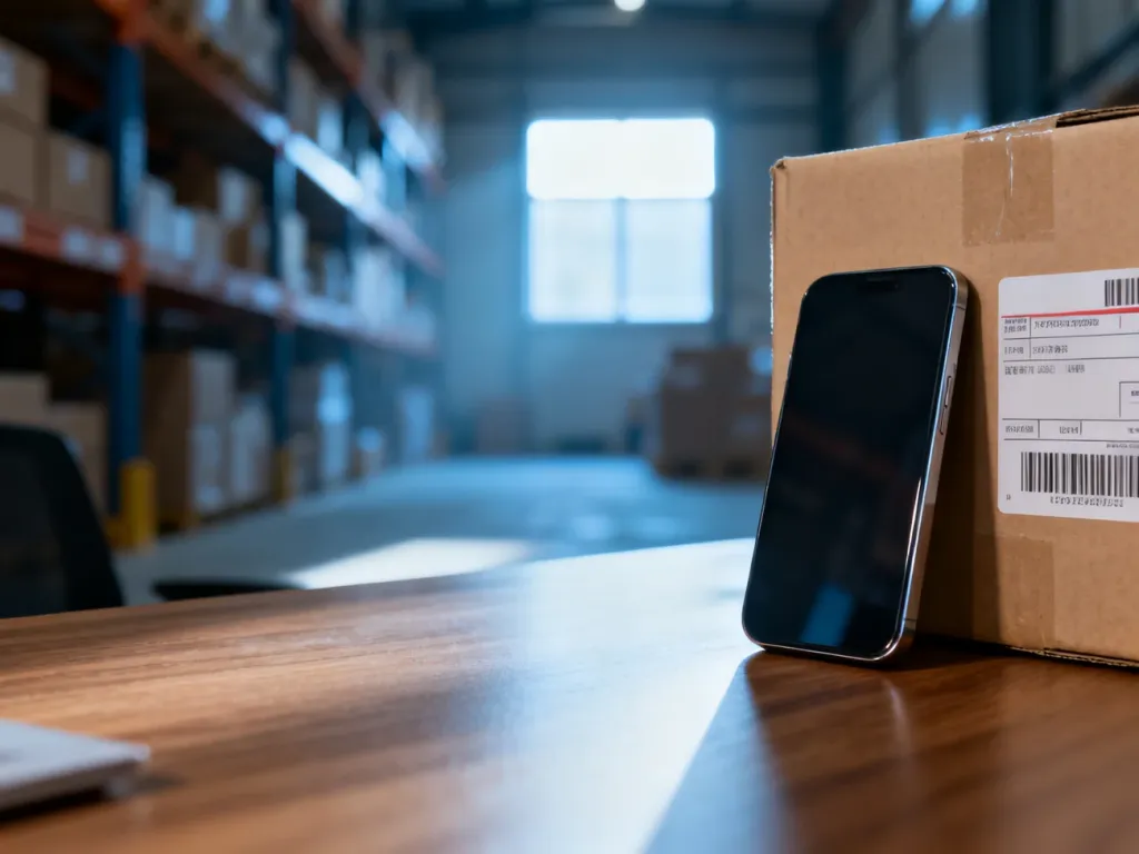 Smartfon i kartonowe pudełko z etykietą na biurku, symbolizujące proces zarządzania wysyłką w dropshippingu.