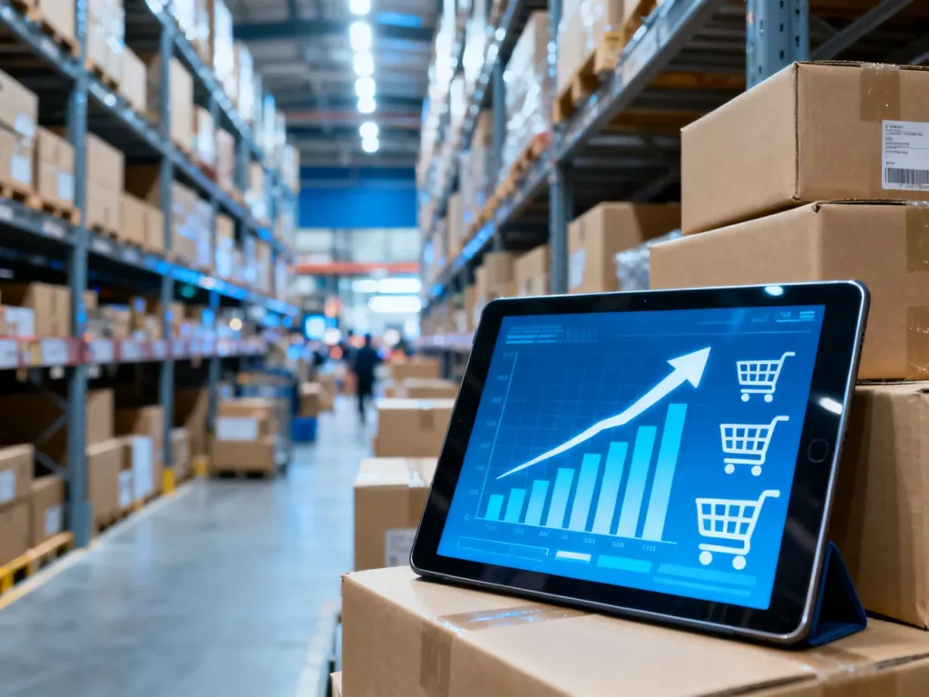 Tablet z wykresem wzrostu sprzedaży na tle uporządkowanego magazynu logistycznego, symbolizujący sukces w dropshippingu.