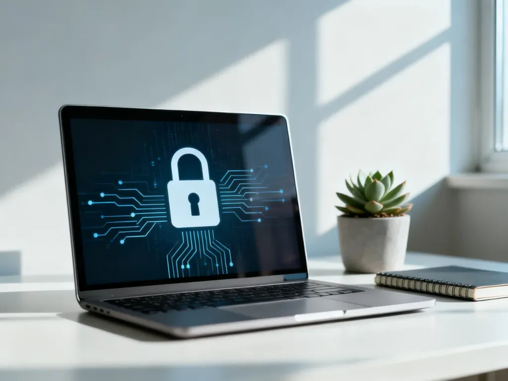 Nowoczesny laptop z ikoną kłódki symbolizującą bezpieczeństwo danych i ochronę prywatności w sklepie internetowym.