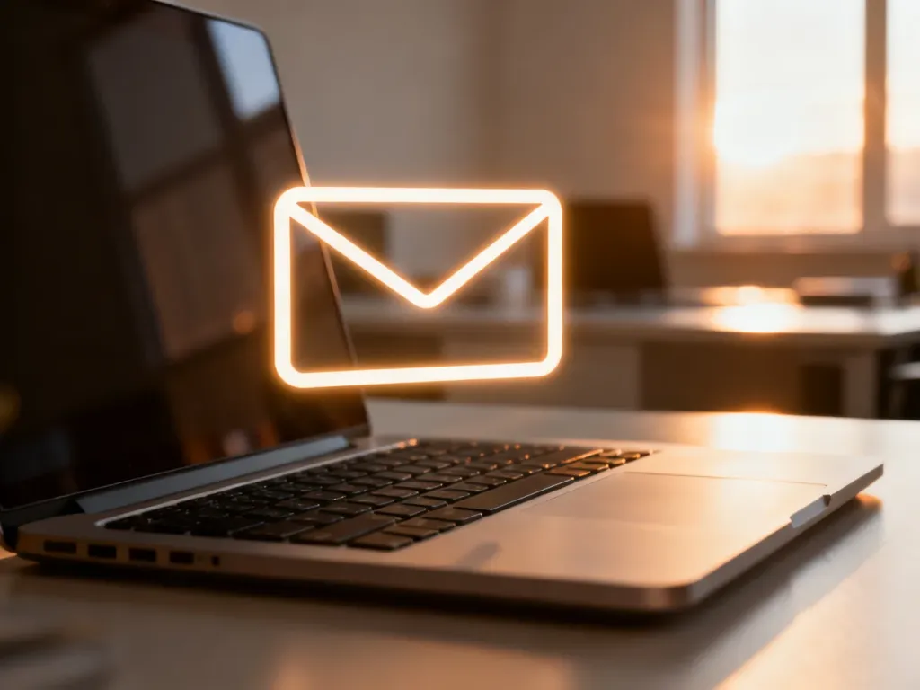 Świecąca ikona koperty nad klawiaturą laptopa, symbolizująca zbieranie adresów e-mail w profesjonalnym sklepie internetowym.